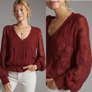 ANTHROPOLOGIE Floral Embroidered Lace long Sleeve Top Blouse